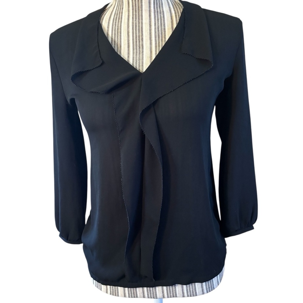 LOFT Blouse XSP Classic Top Black front Ruffle 3/4 length Sleeves Flowy